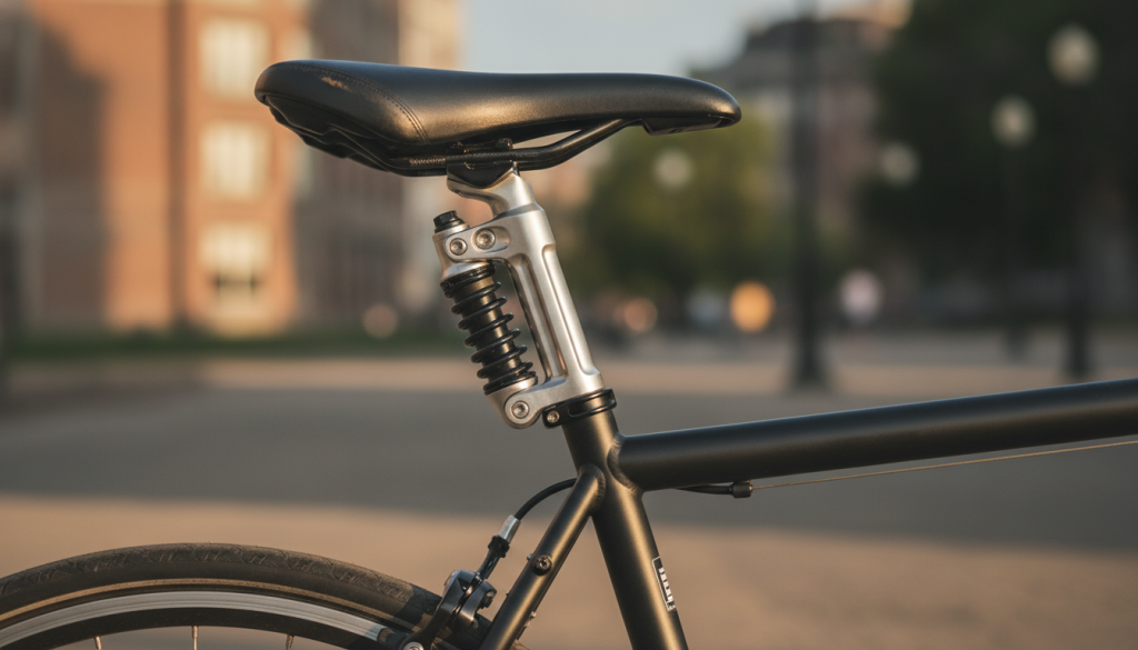 découvrez la tige de selle suspendue, l'accessoire idéal pour améliorer le confort de votre vélo de ville en absorbant les chocs et les vibrations.